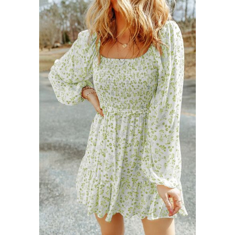 Smocked Floral Square Neck Balloon Sleeve Dress Mist Green / S Apparel and Accessories