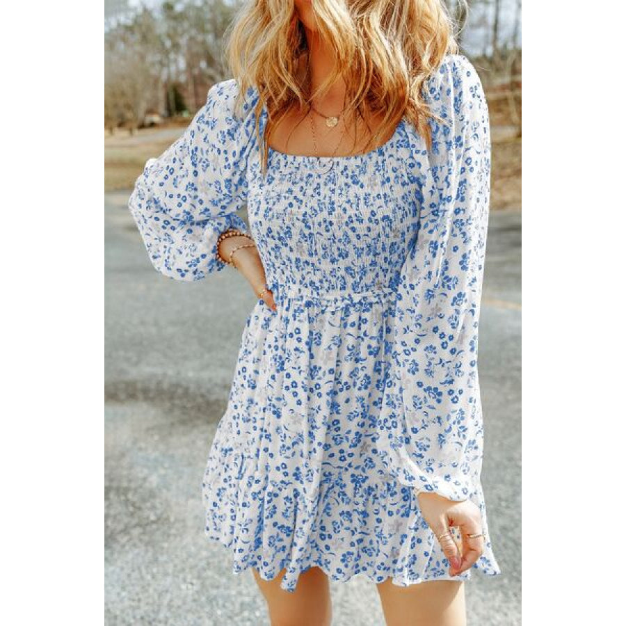 Smocked Floral Square Neck Balloon Sleeve Dress Peacock Blue / S Apparel and Accessories