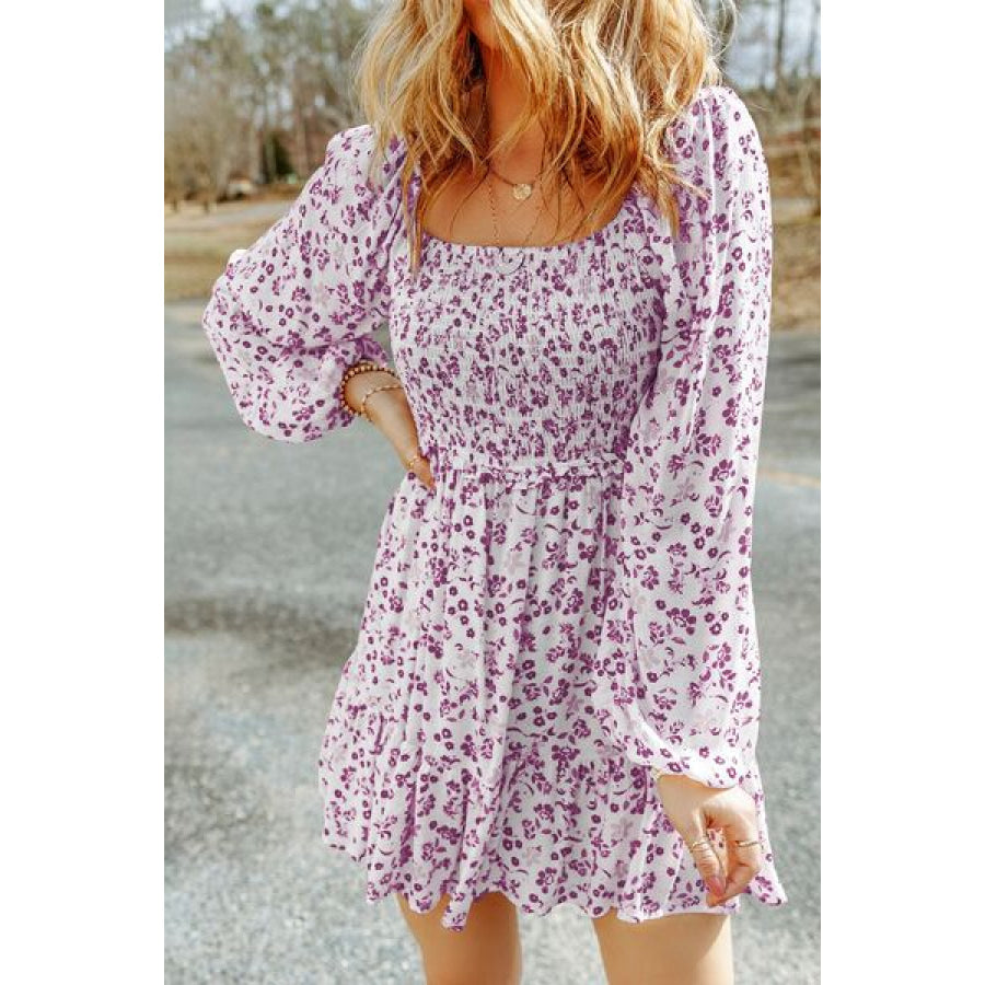 Smocked Floral Square Neck Balloon Sleeve Dress Violet / S Apparel and Accessories