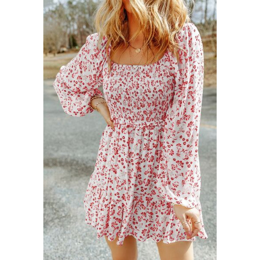 Smocked Floral Square Neck Balloon Sleeve Dress Wine / S Apparel and Accessories