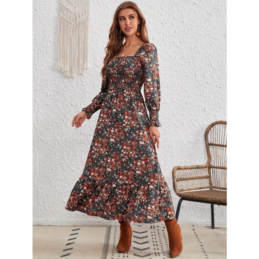 Smocked Floral Square Neck Long Sleeve Dress Apparel and Accessories