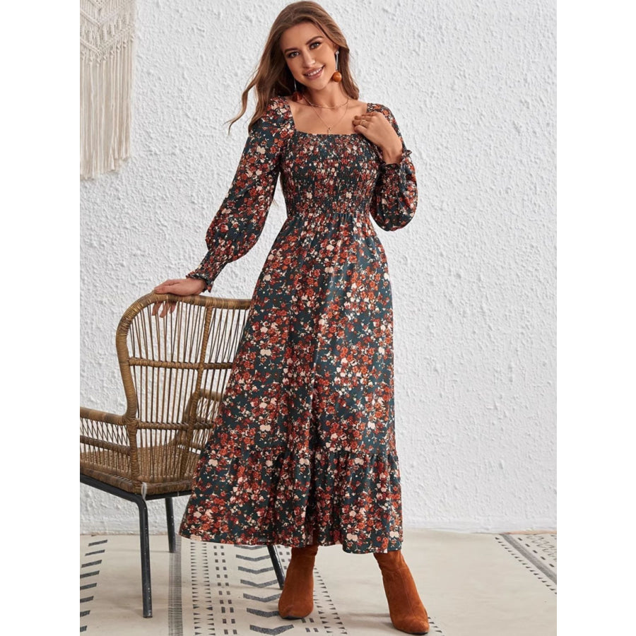 Smocked Floral Square Neck Long Sleeve Dress Apparel and Accessories