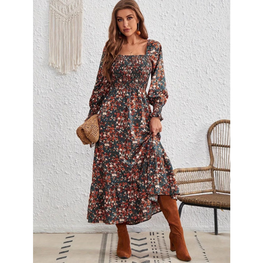 Smocked Floral Square Neck Long Sleeve Dress Dark Green / S Apparel and Accessories