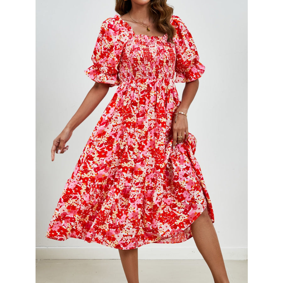 Smocked Floral Square Neck Short Sleeve Dress Apparel and Accessories