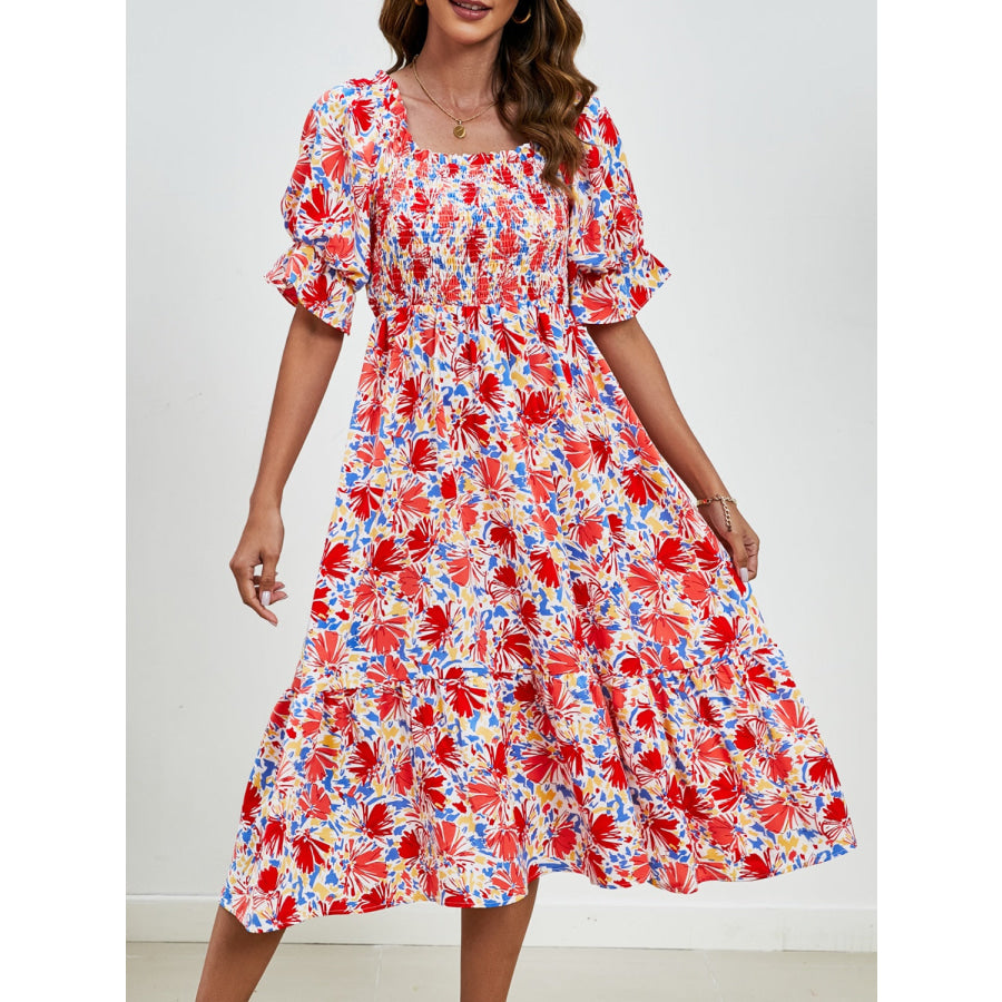 Smocked Floral Square Neck Short Sleeve Dress Apparel and Accessories