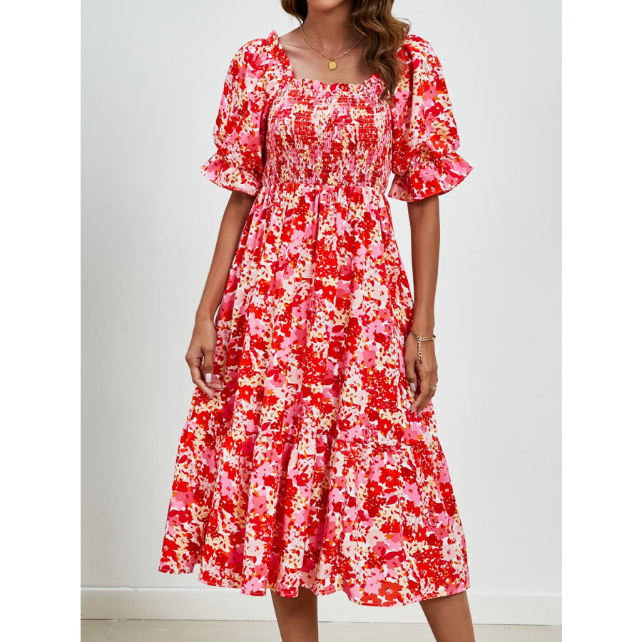 Smocked Floral Square Neck Short Sleeve Dress Apparel and Accessories