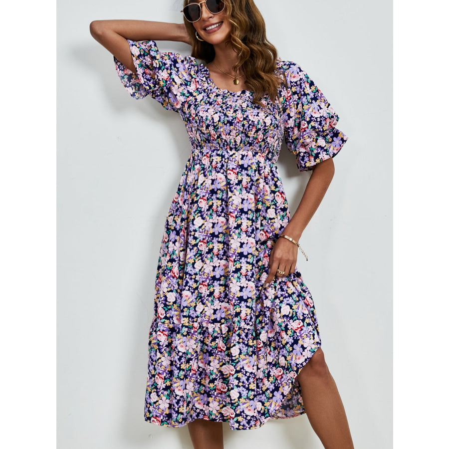 Smocked Floral Square Neck Short Sleeve Dress Apparel and Accessories