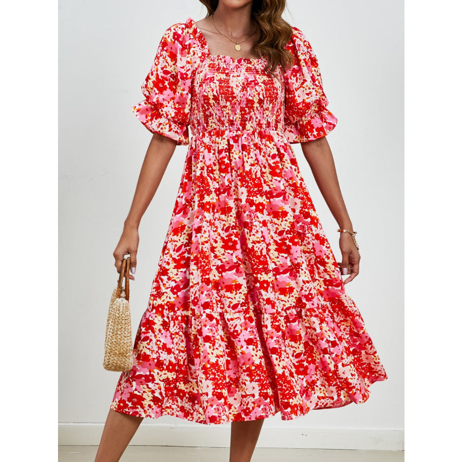 Smocked Floral Square Neck Short Sleeve Dress Apparel and Accessories