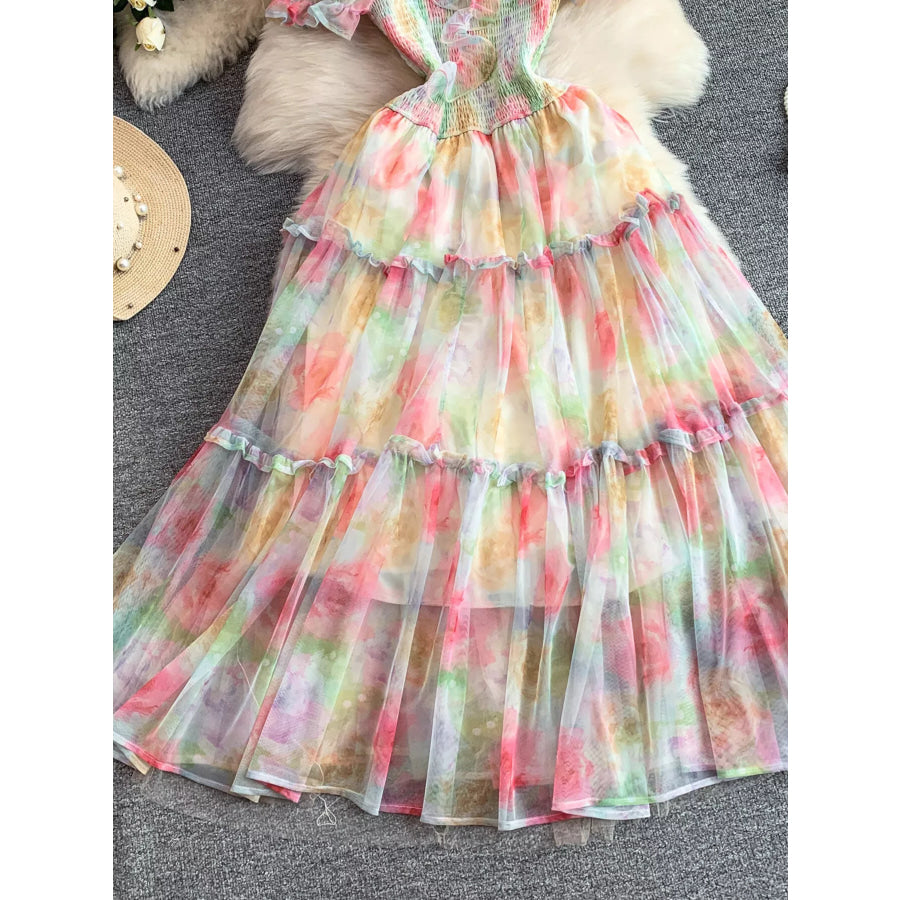Smocked Floral Tiered Mesh Midi Dress Apparel and Accessories