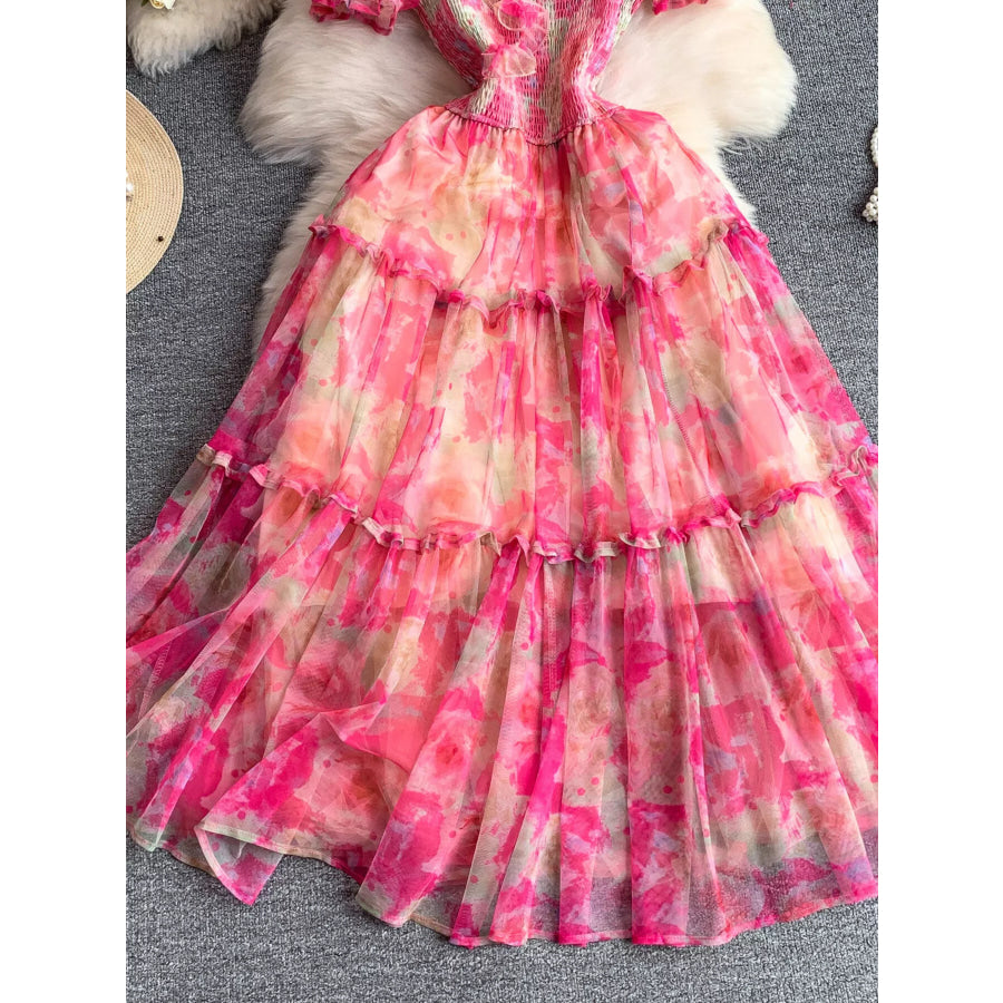 Smocked Floral Tiered Mesh Midi Dress Apparel and Accessories