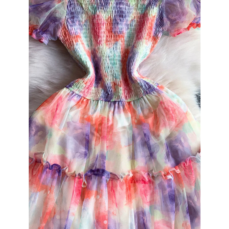 Smocked Floral Tiered Mesh Midi Dress Apparel and Accessories