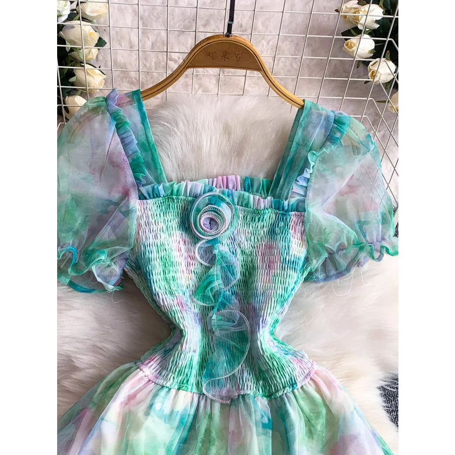 Smocked Floral Tiered Mesh Midi Dress Apparel and Accessories
