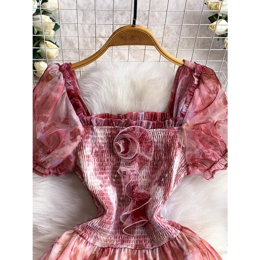 Smocked Floral Tiered Mesh Midi Dress Apparel and Accessories