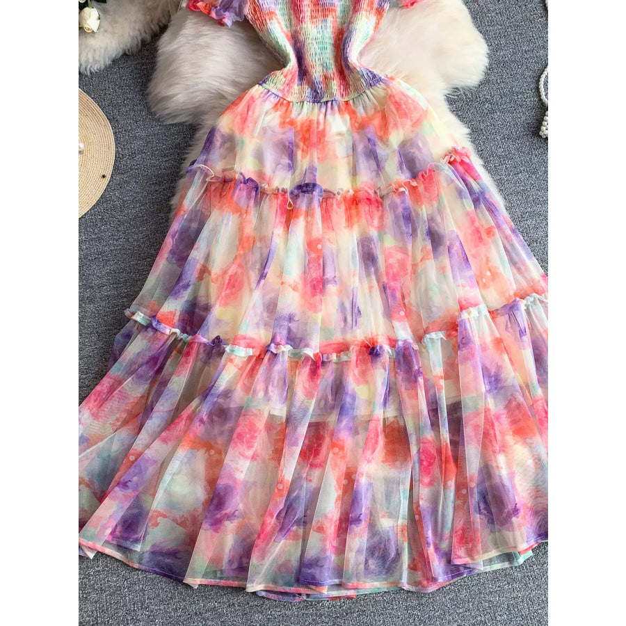 Smocked Floral Tiered Mesh Midi Dress Apparel and Accessories