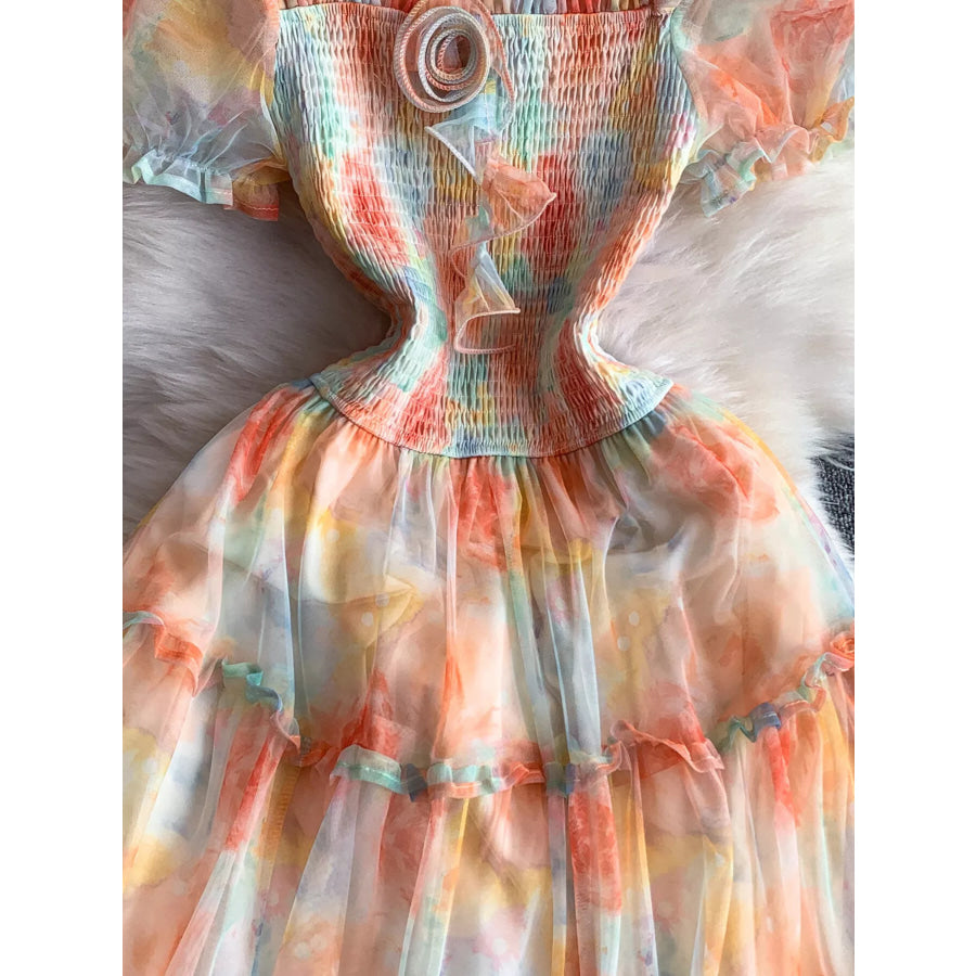Smocked Floral Tiered Mesh Midi Dress Apparel and Accessories