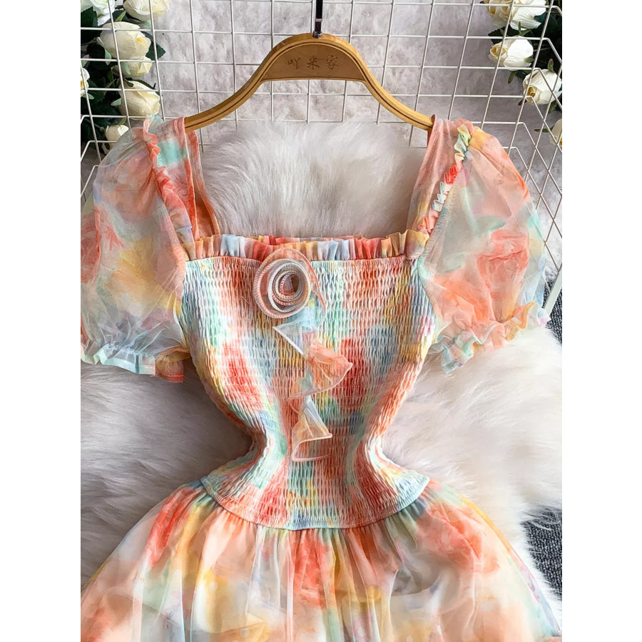 Smocked Floral Tiered Mesh Midi Dress Apparel and Accessories