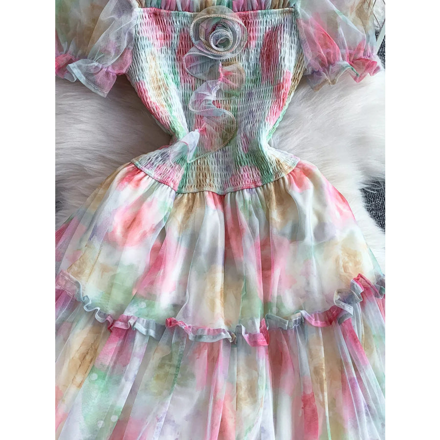 Smocked Floral Tiered Mesh Midi Dress Apparel and Accessories