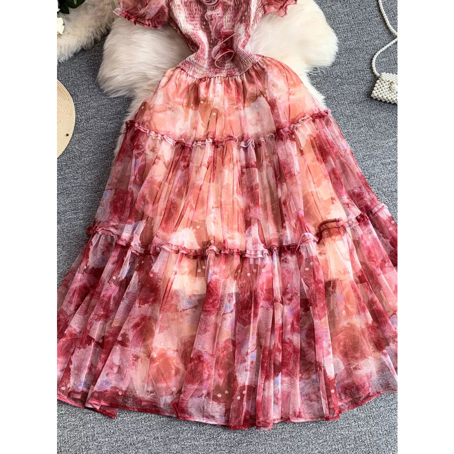 Smocked Floral Tiered Mesh Midi Dress Apparel and Accessories