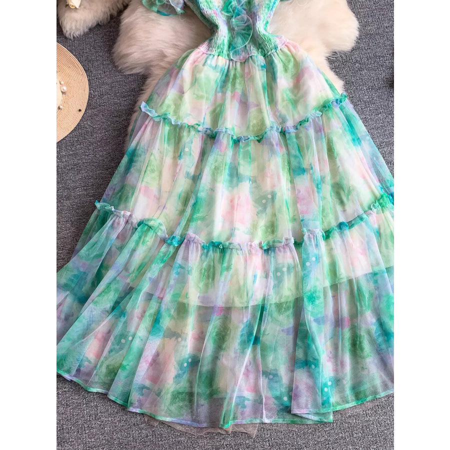 Smocked Floral Tiered Mesh Midi Dress Apparel and Accessories