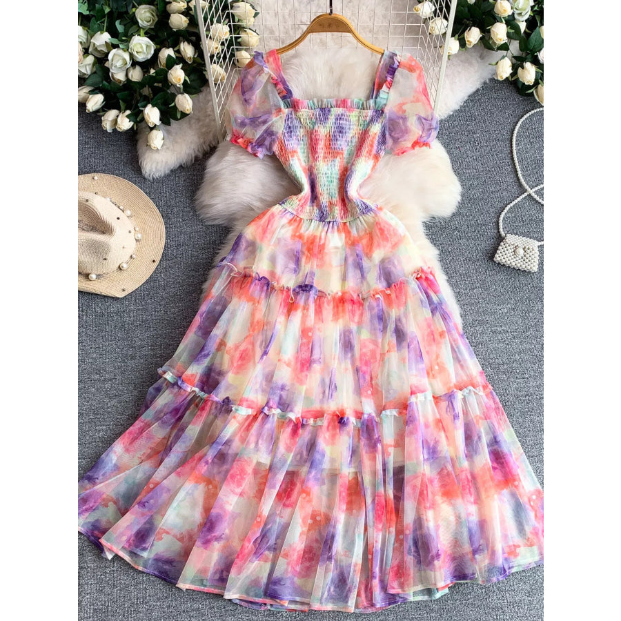 Smocked Floral Tiered Mesh Midi Dress Apparel and Accessories