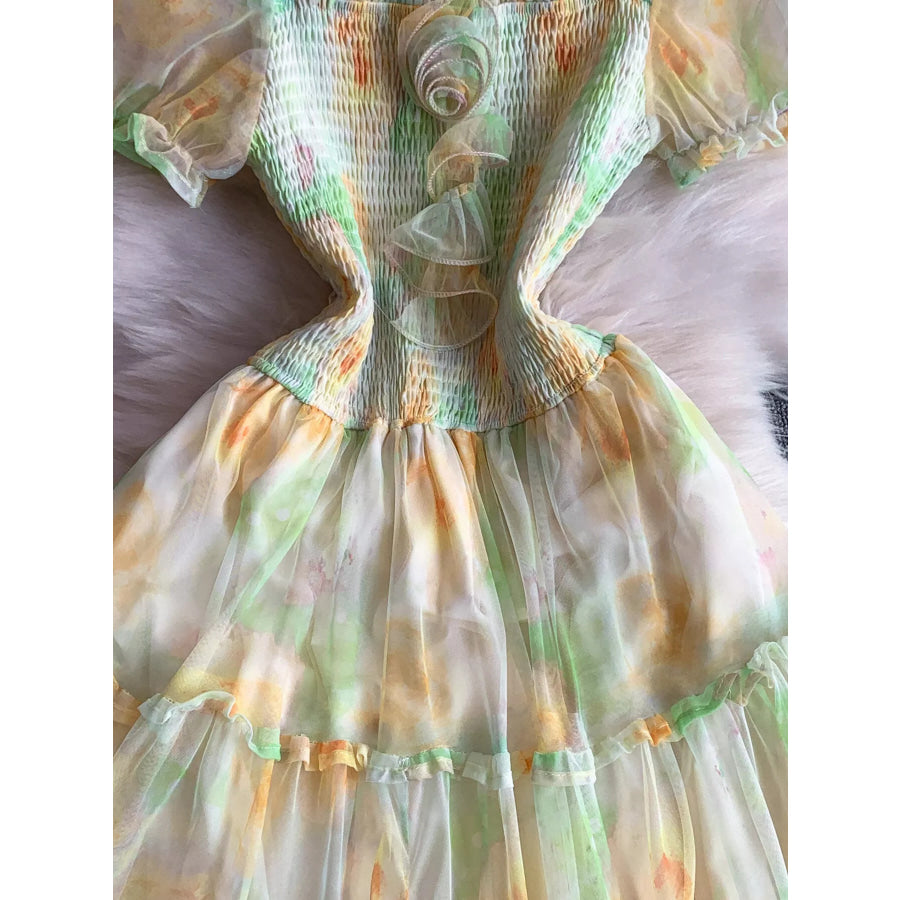 Smocked Floral Tiered Mesh Midi Dress Apparel and Accessories