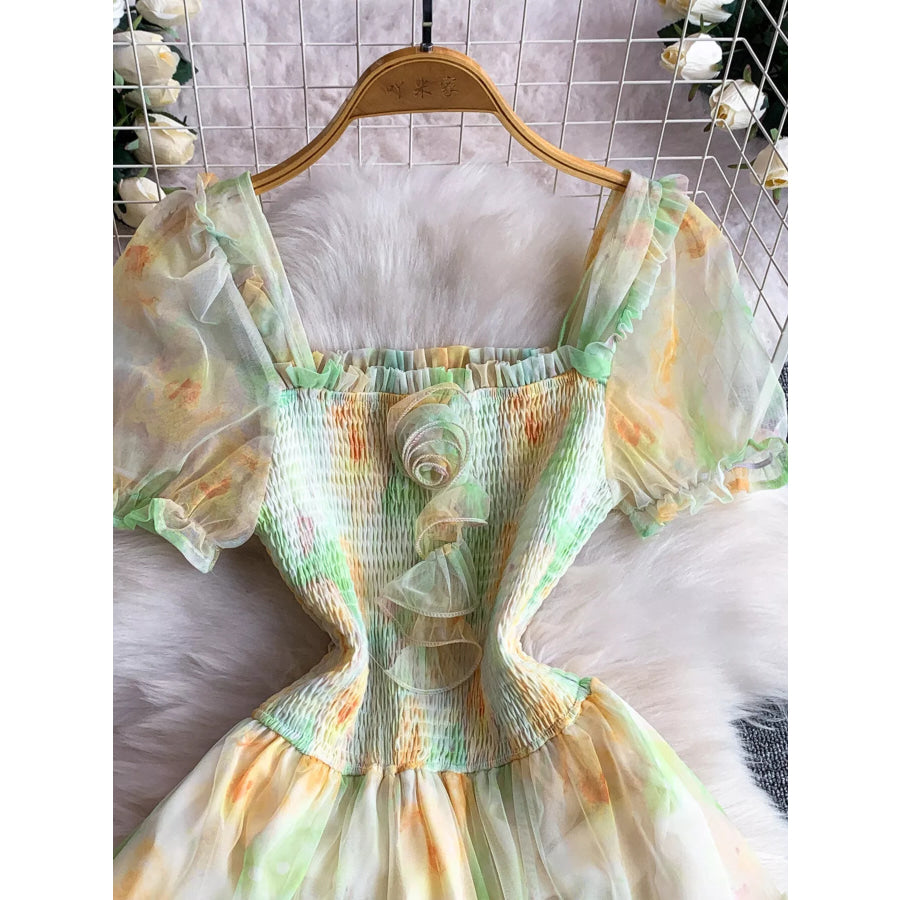 Smocked Floral Tiered Mesh Midi Dress Apparel and Accessories