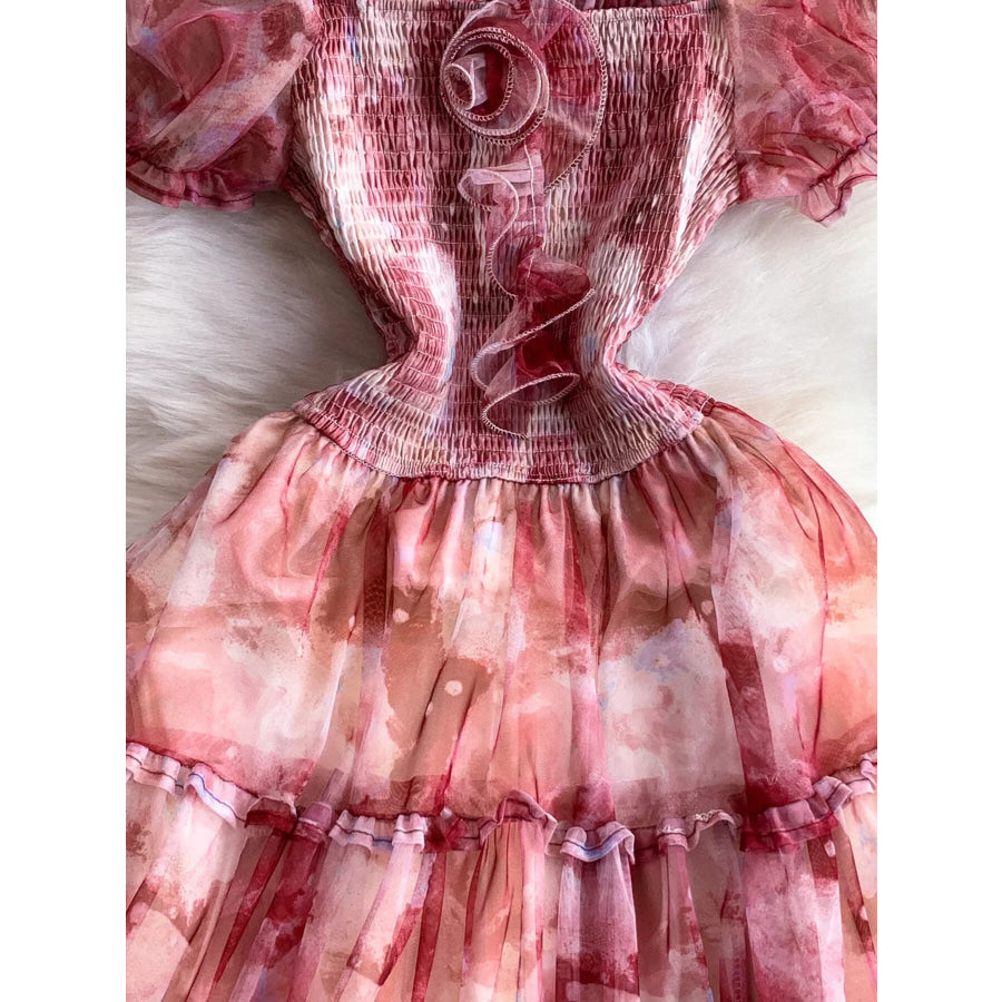 Smocked Floral Tiered Mesh Midi Dress Apparel and Accessories