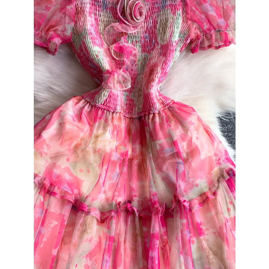 Smocked Floral Tiered Mesh Midi Dress Apparel and Accessories