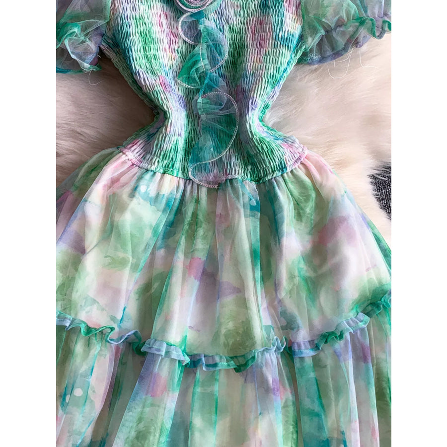 Smocked Floral Tiered Mesh Midi Dress Apparel and Accessories