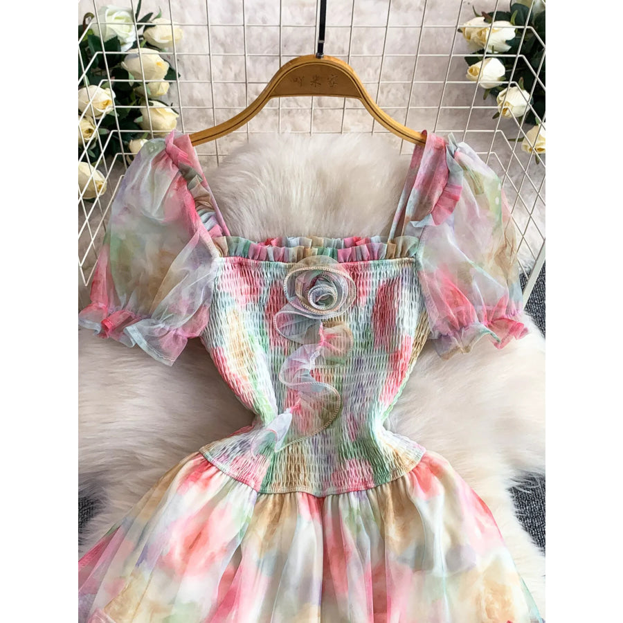 Smocked Floral Tiered Mesh Midi Dress Apparel and Accessories