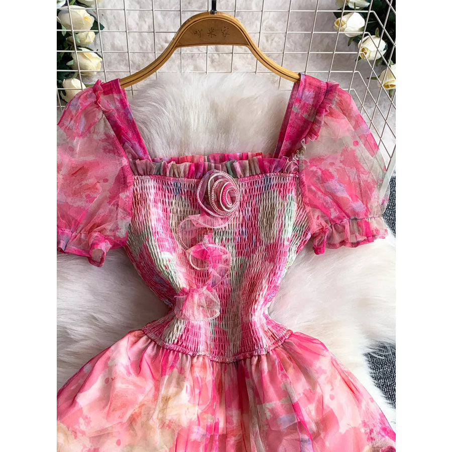 Smocked Floral Tiered Mesh Midi Dress Apparel and Accessories
