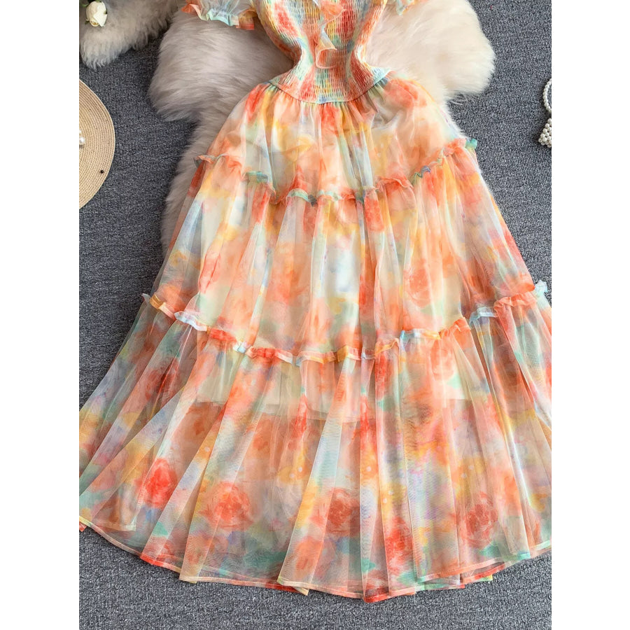 Smocked Floral Tiered Mesh Midi Dress Apparel and Accessories