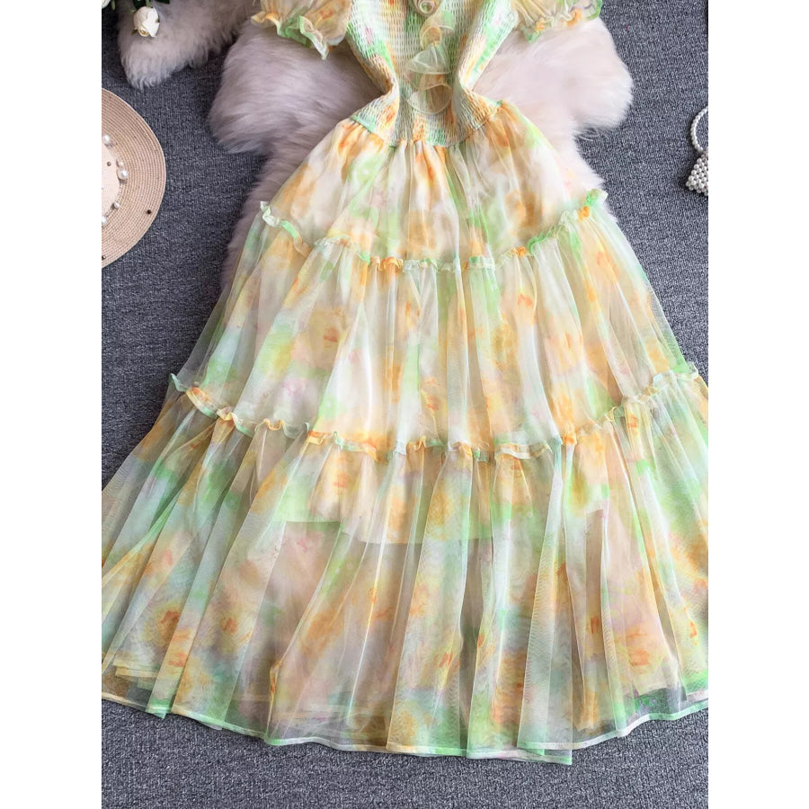 Smocked Floral Tiered Mesh Midi Dress Apparel and Accessories
