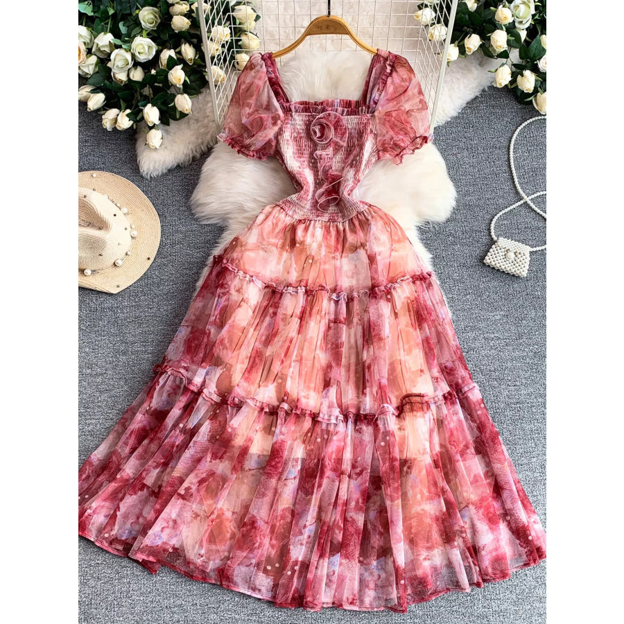 Smocked Floral Tiered Mesh Midi Dress Burgundy / One Size Apparel and Accessories