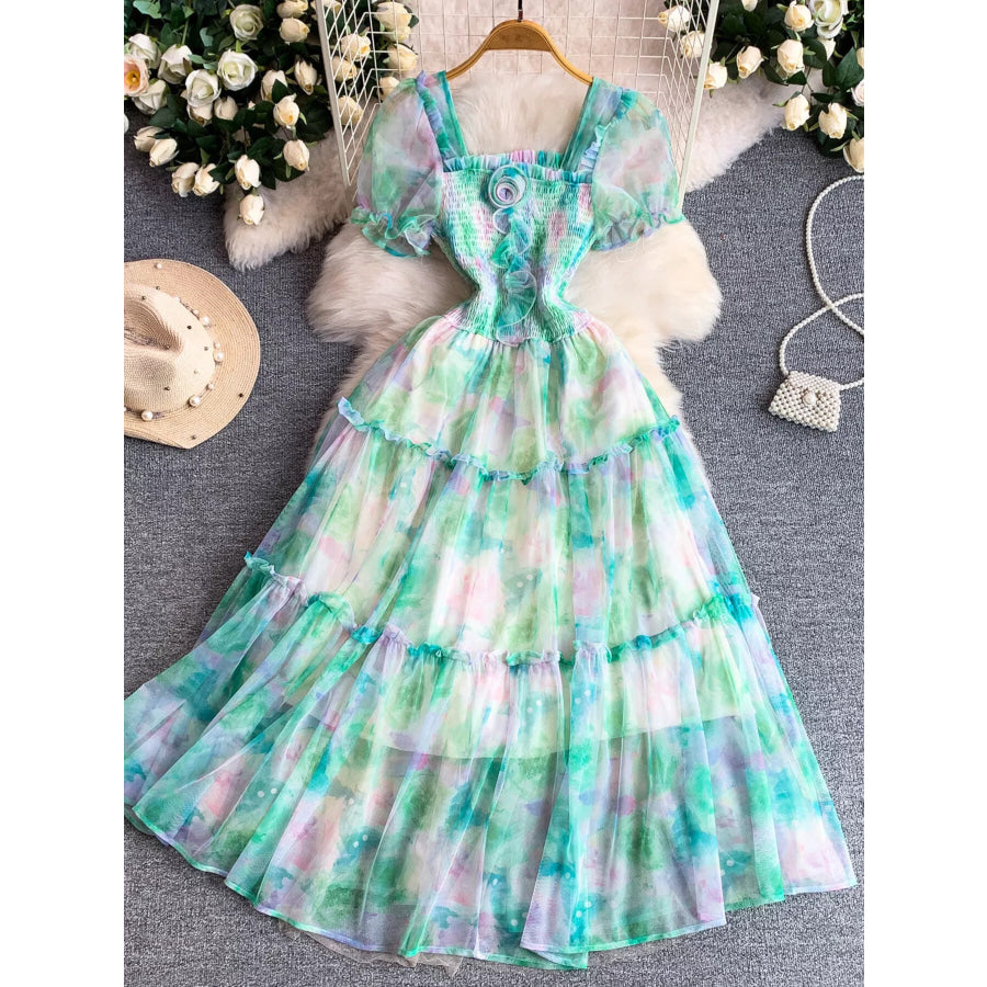 Smocked Floral Tiered Mesh Midi Dress Green / One Size Apparel and Accessories
