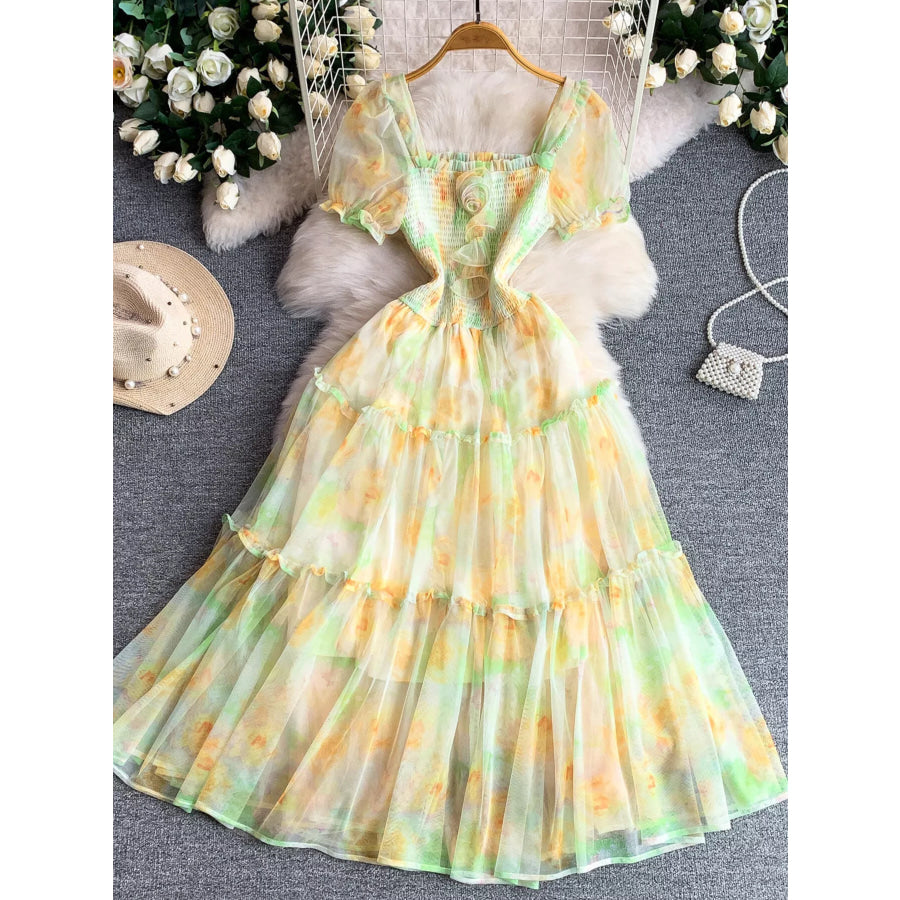 Smocked Floral Tiered Mesh Midi Dress Light Green / One Size Apparel and Accessories