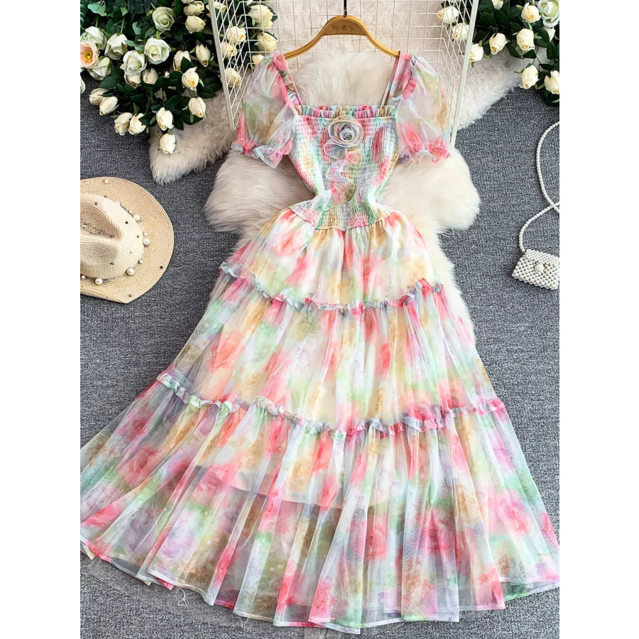 Smocked Floral Tiered Mesh Midi Dress Light Pink / One Size Apparel and Accessories