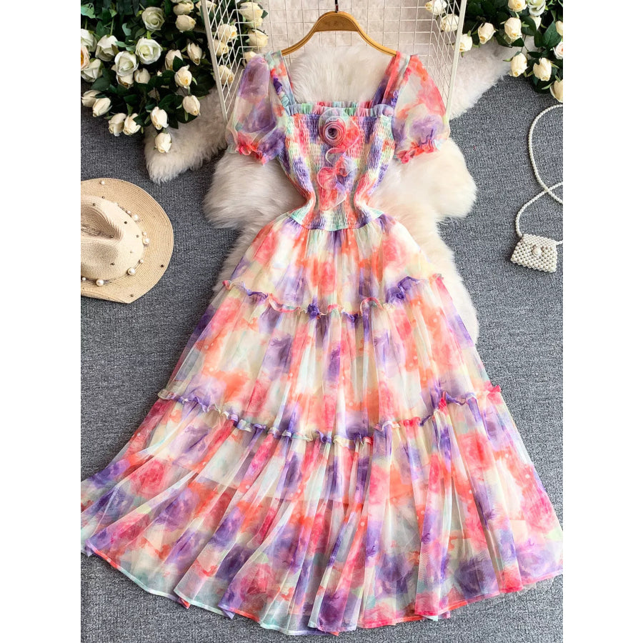 Smocked Floral Tiered Mesh Midi Dress Purple / One Size Apparel and Accessories