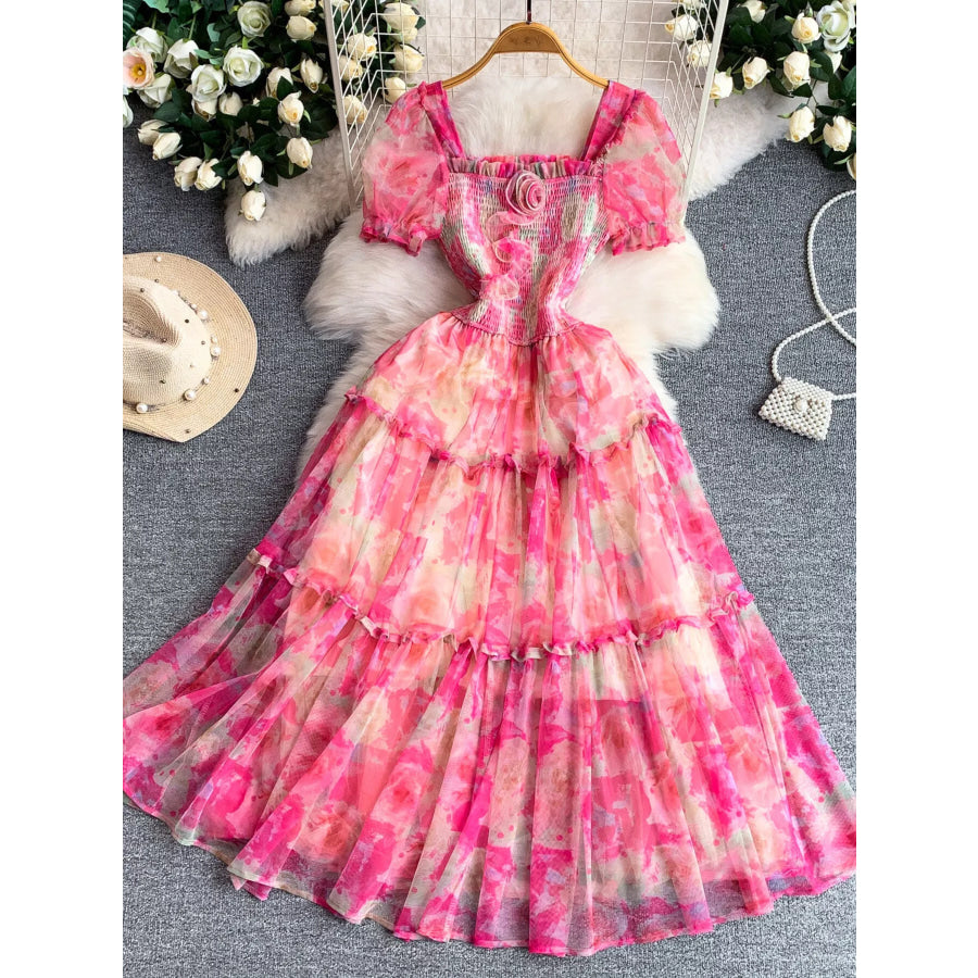 Smocked Floral Tiered Mesh Midi Dress Rose Red / One Size Apparel and Accessories