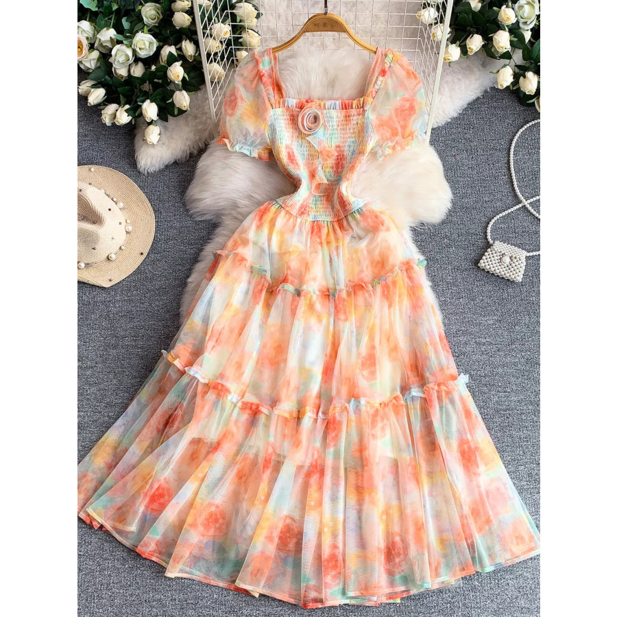 Smocked Floral Tiered Mesh Midi Dress Sherbet / One Size Apparel and Accessories