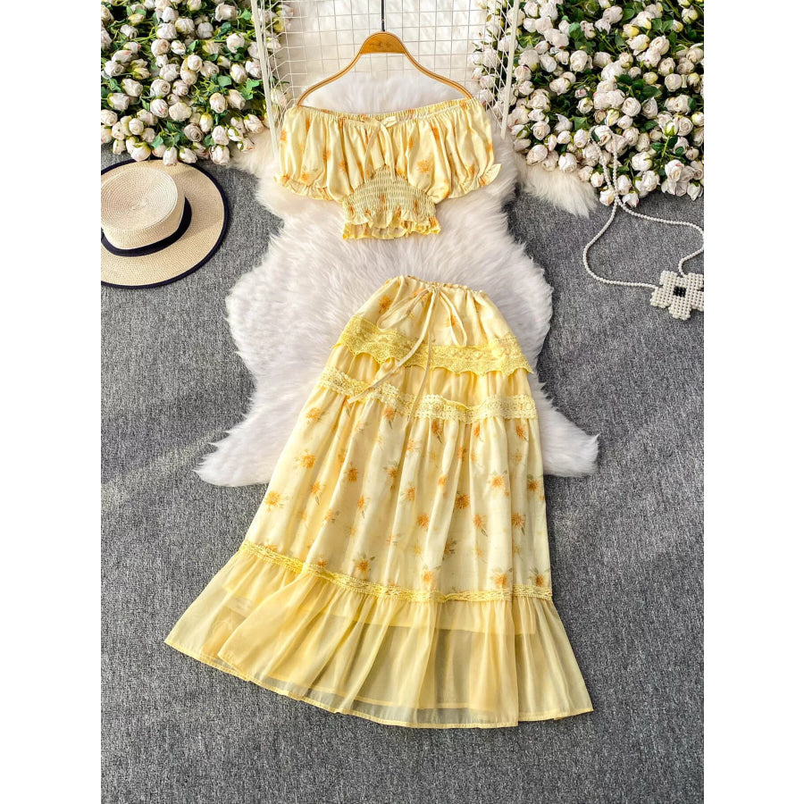 Smocked Floral Top and Skirt Set Pastel Yellow / S Apparel and Accessories