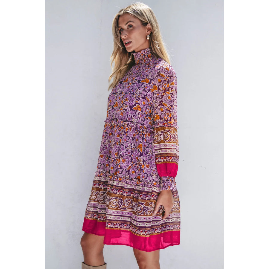 Smocked Floral Turtleneck Long Sleeve Dress Apparel and Accessories