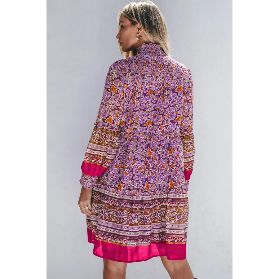 Smocked Floral Turtleneck Long Sleeve Dress Apparel and Accessories