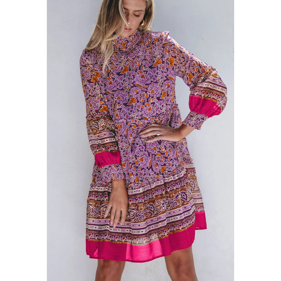 Smocked Floral Turtleneck Long Sleeve Dress Mauve / S Apparel and Accessories