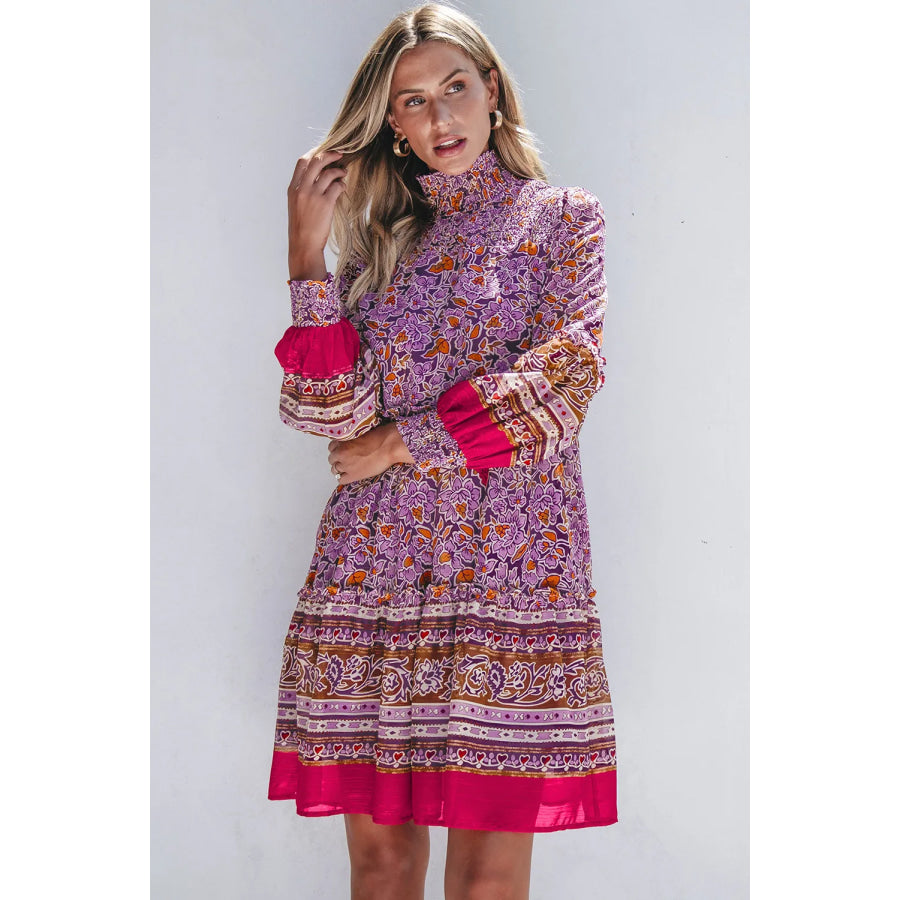 Smocked Floral Turtleneck Long Sleeve Dress Apparel and Accessories