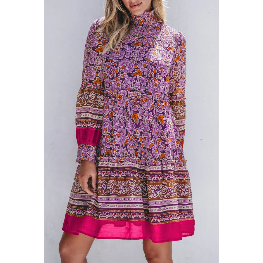 Smocked Floral Turtleneck Long Sleeve Dress Mauve / S Apparel and Accessories