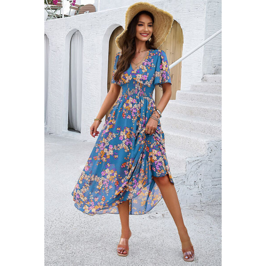 Smocked Floral V - Neck Short Sleeve Dress Apparel and Accessories