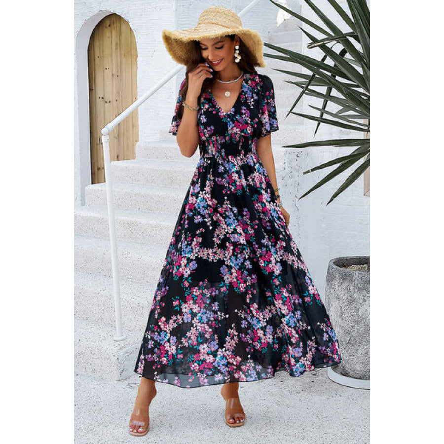 Smocked Floral V - Neck Short Sleeve Dress Apparel and Accessories