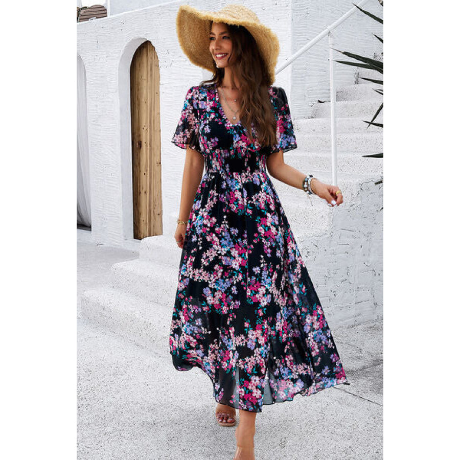 Smocked Floral V - Neck Short Sleeve Dress Apparel and Accessories