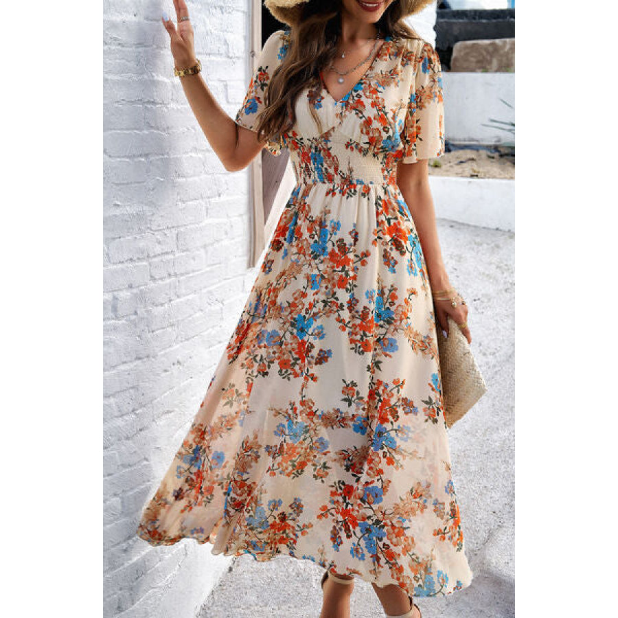 Smocked Floral V - Neck Short Sleeve Dress Apparel and Accessories